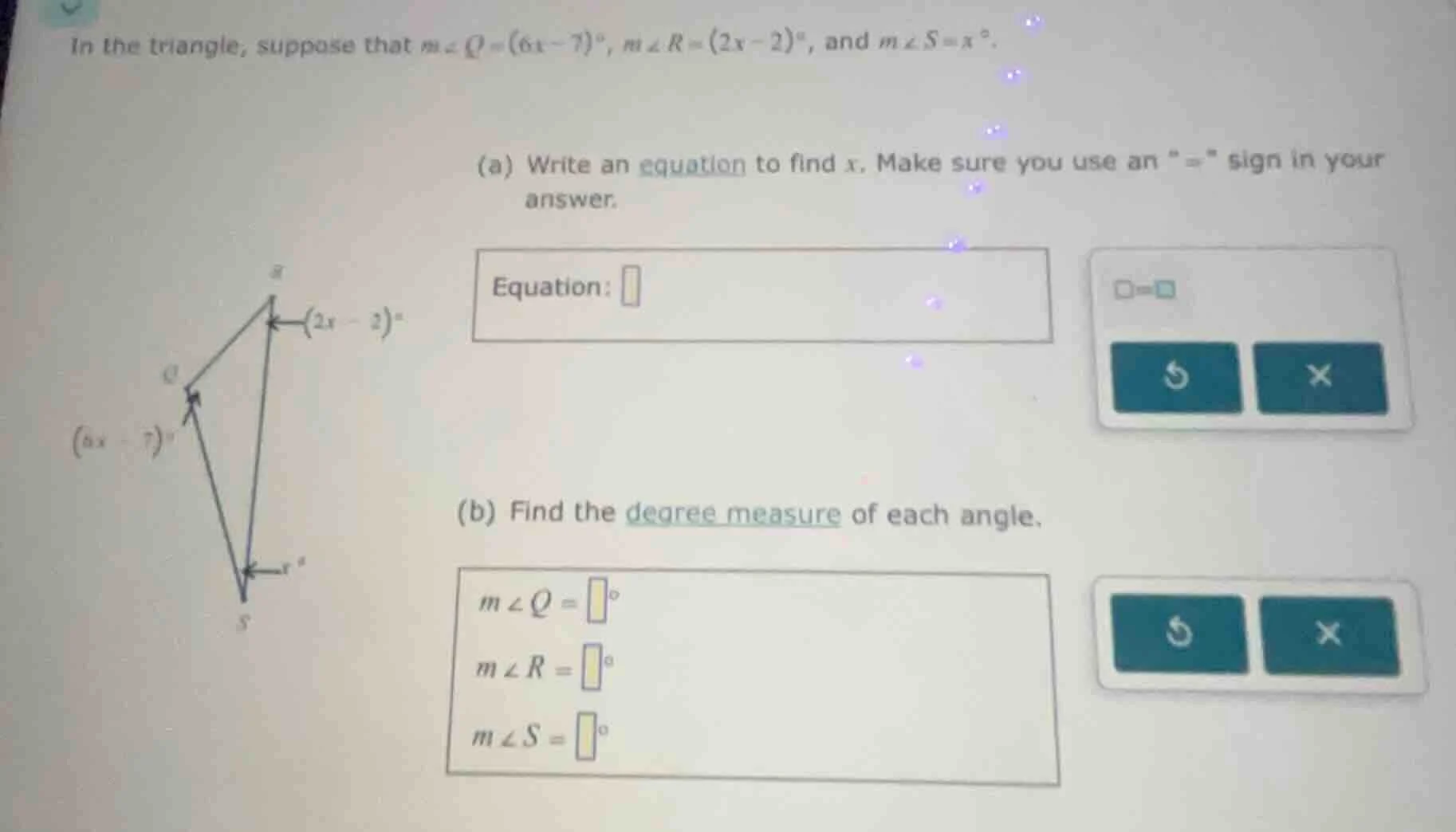 in the triangle, suppose that ( mangle q=(6x - 7)^{circ} ), ( mangle r=…
