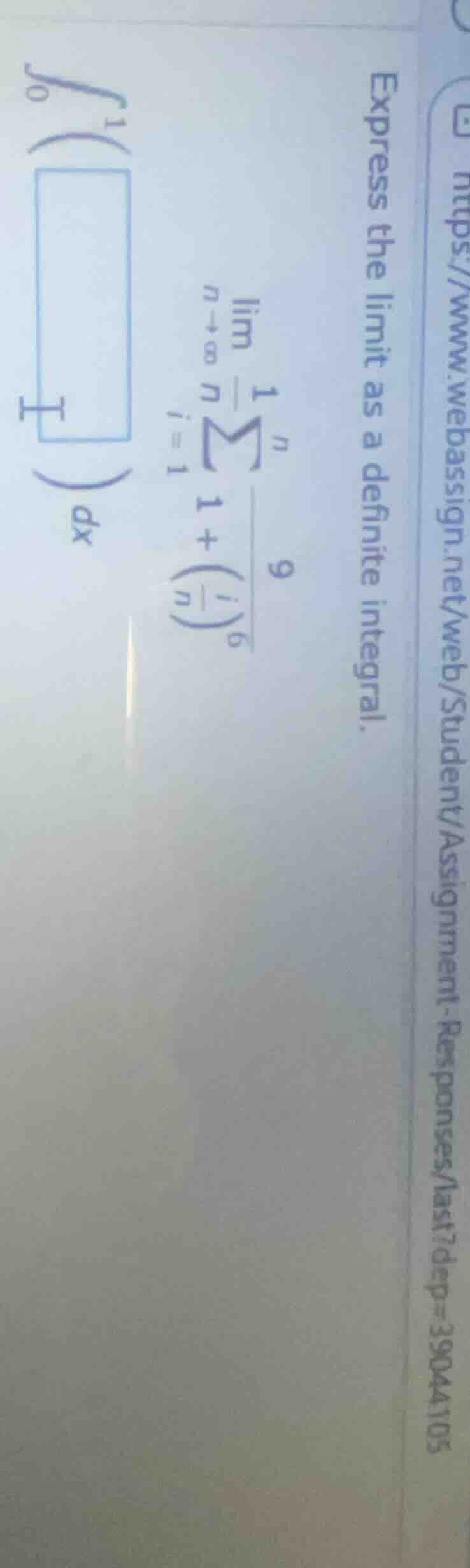 express the limit as a definite integral. \\(\\lim_{n\\to\\infty} \\fra…
