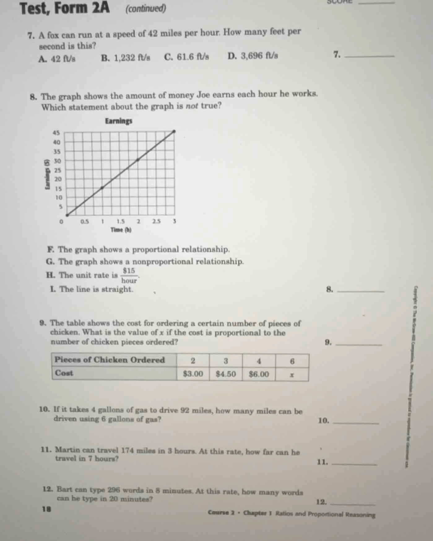 test, form 2a (continued) 7. a fox can run at a speed of 42 miles per h…