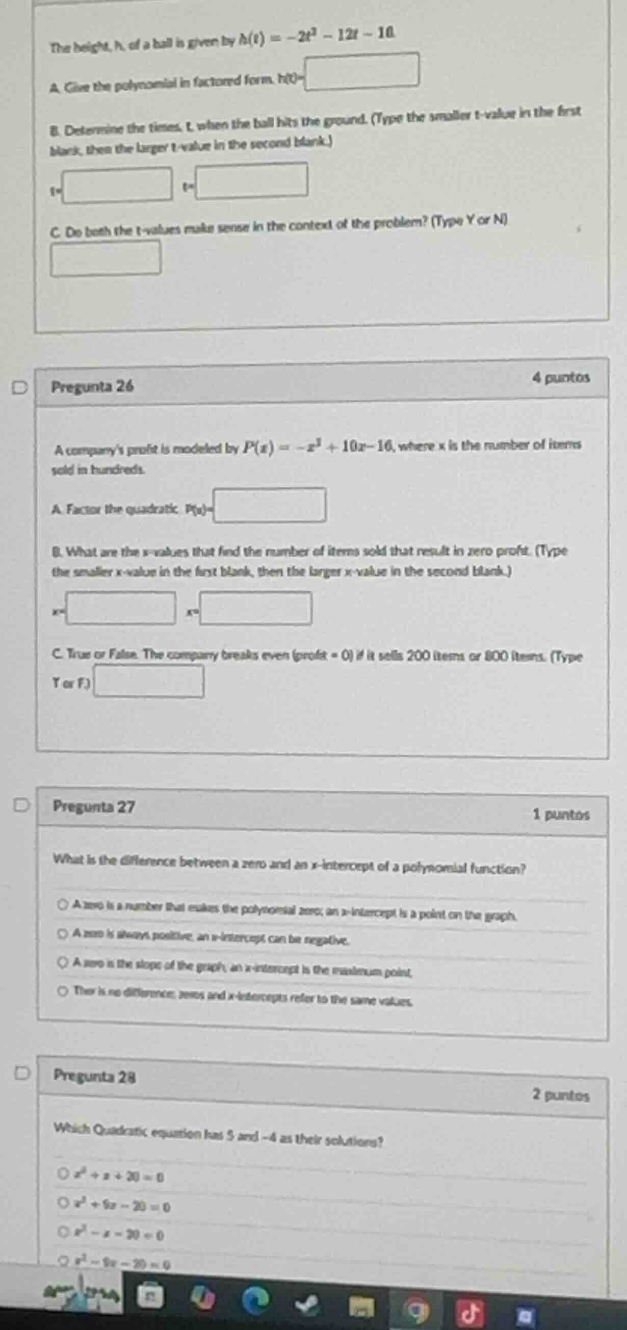 the height, h, of a ball is given by ( h(t) = -2t^2 - 12t - 10 ) a. giv…