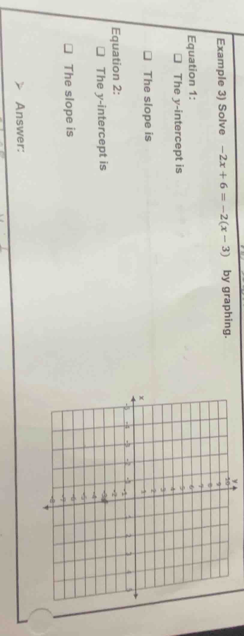 example 3) solve $-2x + 6 = -2(x - 3)$ by graphing. equation 1: $square…
