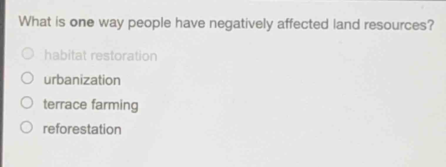what is one way people have negatively affected land resources? habitat…
