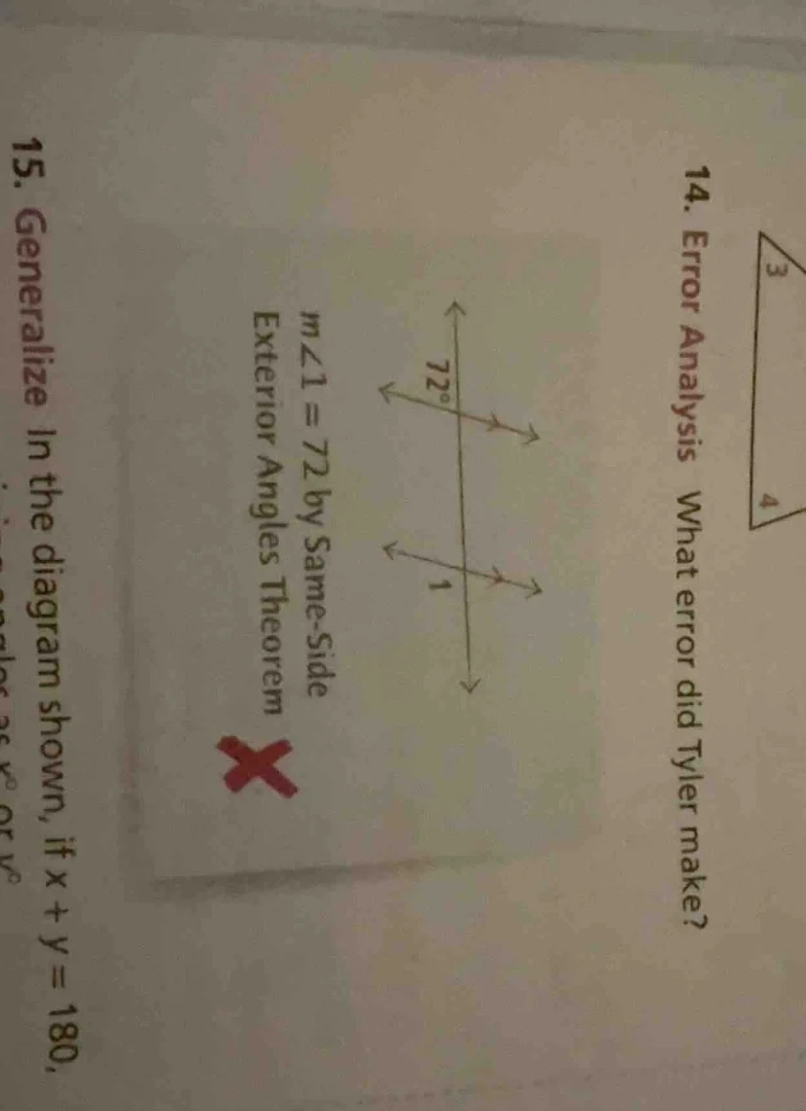 14. error analysis what error did tyler make? m∠1 = 72 by same - side e…