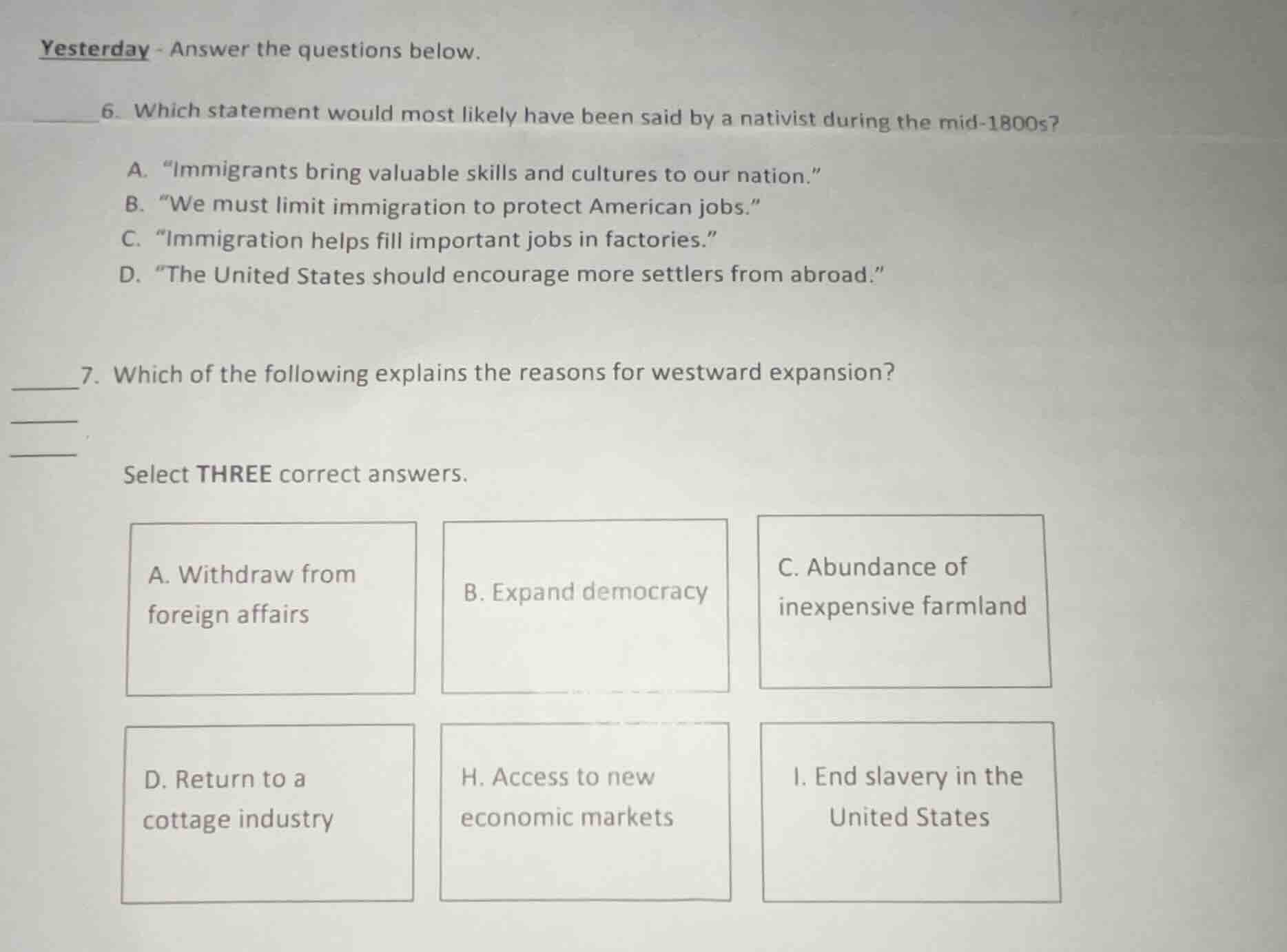 yesterday - answer the questions below. 6. which statement would most l…