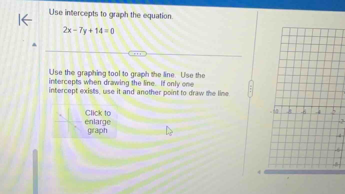 use intercepts to graph the equation. 2x - 7y + 14 = 0 use the graphing…