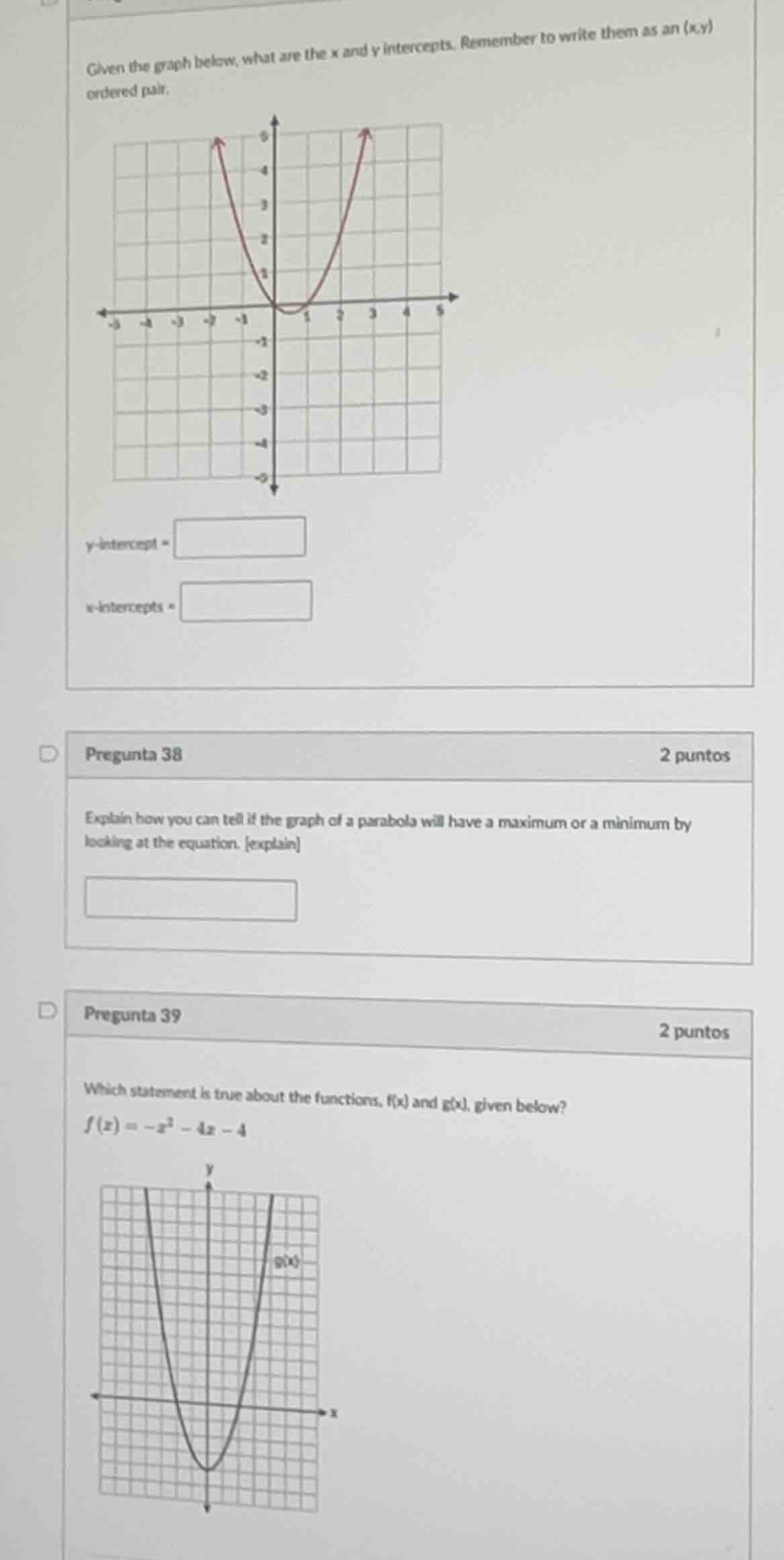 given the graph below, what are the x and y intercepts. remember to wri…