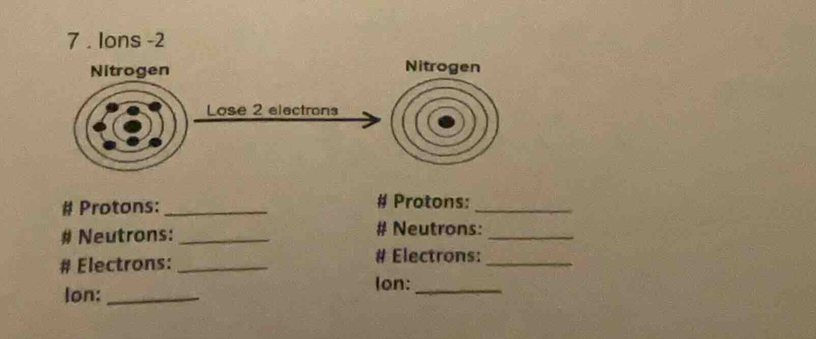 7. ions -2 nitrogen lose 2 electrons nitrogen # protons: ______ # neutr…
