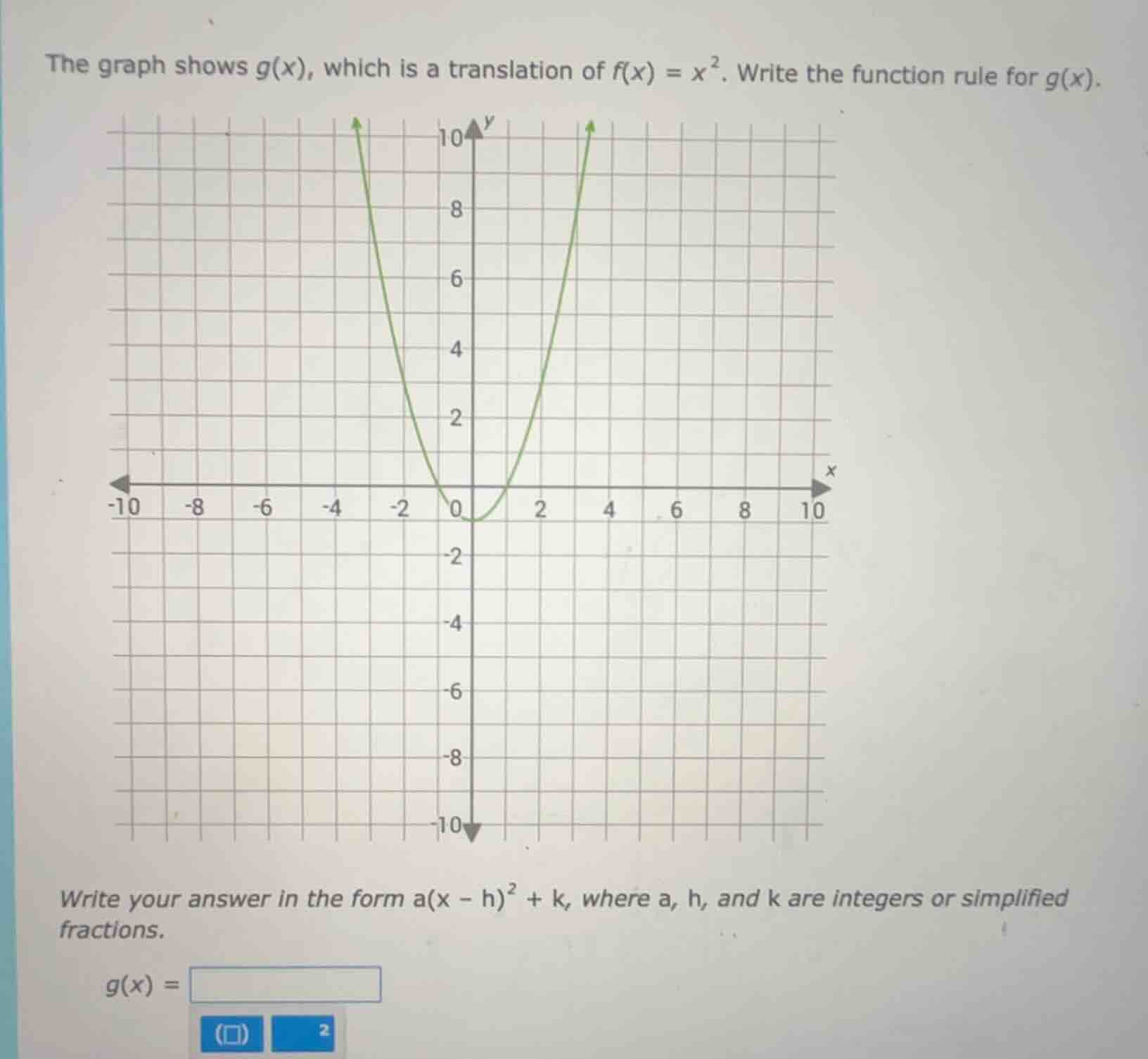 the graph shows g(x), which is a translation of f(x) = x². write the fu…