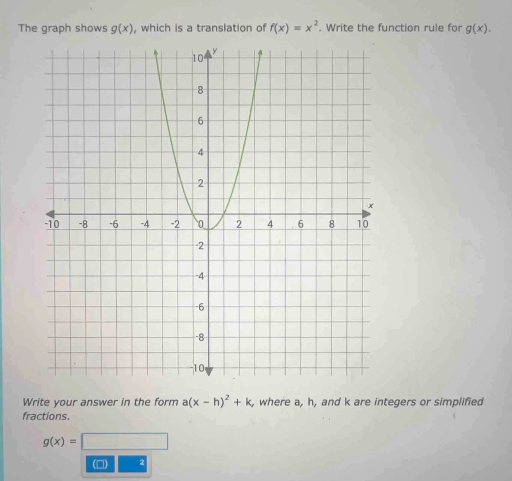 the graph shows g(x), which is a translation of f(x) = x². write the fu…