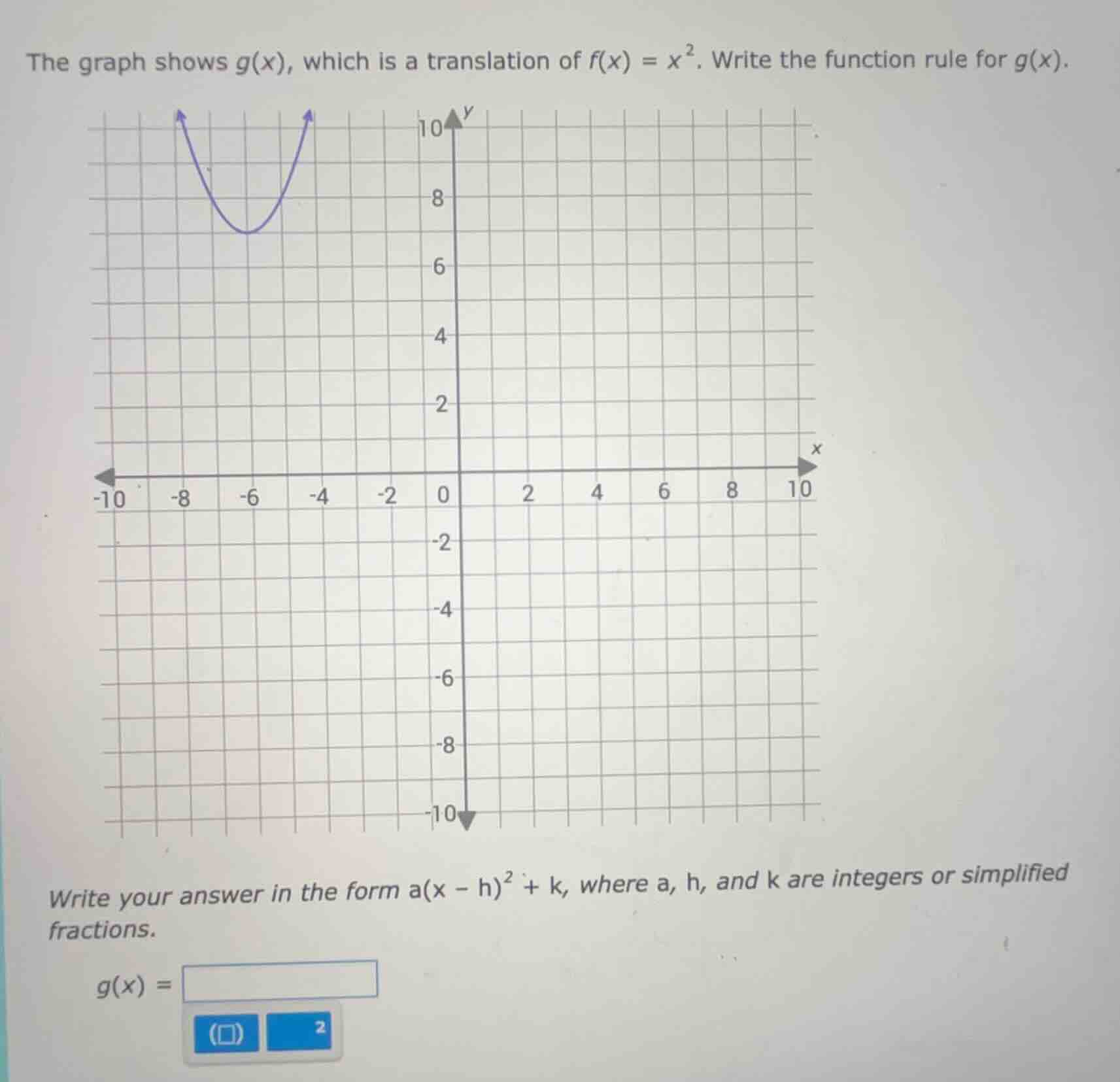 the graph shows g(x), which is a translation of f(x) = x². write the fu…