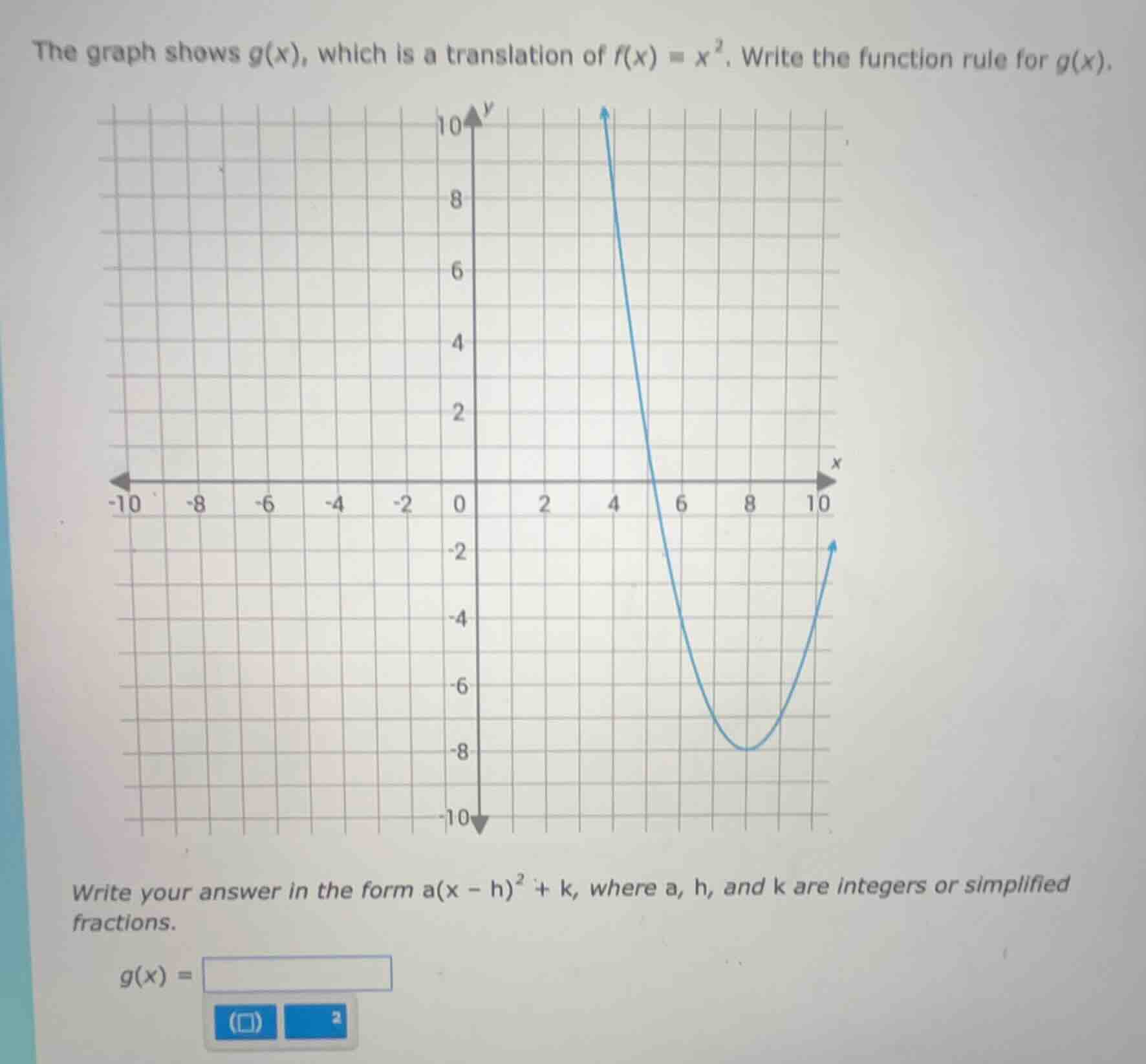 the graph shows g(x), which is a translation of f(x) = x². write the fu…