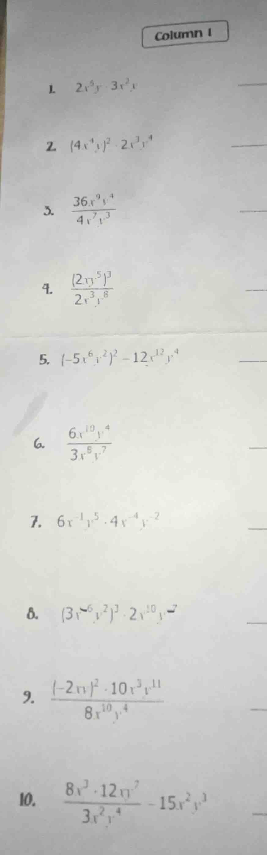 column 1 1. $2x^{5}y \\cdot 3x^{2}y$ 2. $(4x^{4}y)^{2} \\cdot 2x^{3}y^{…