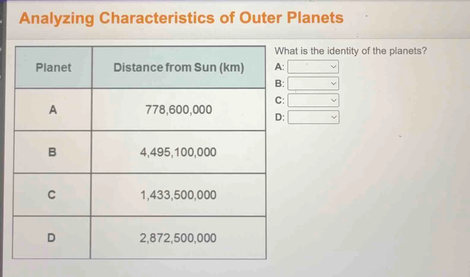 analyzing characteristics of outer planets planet distance from sun (km…