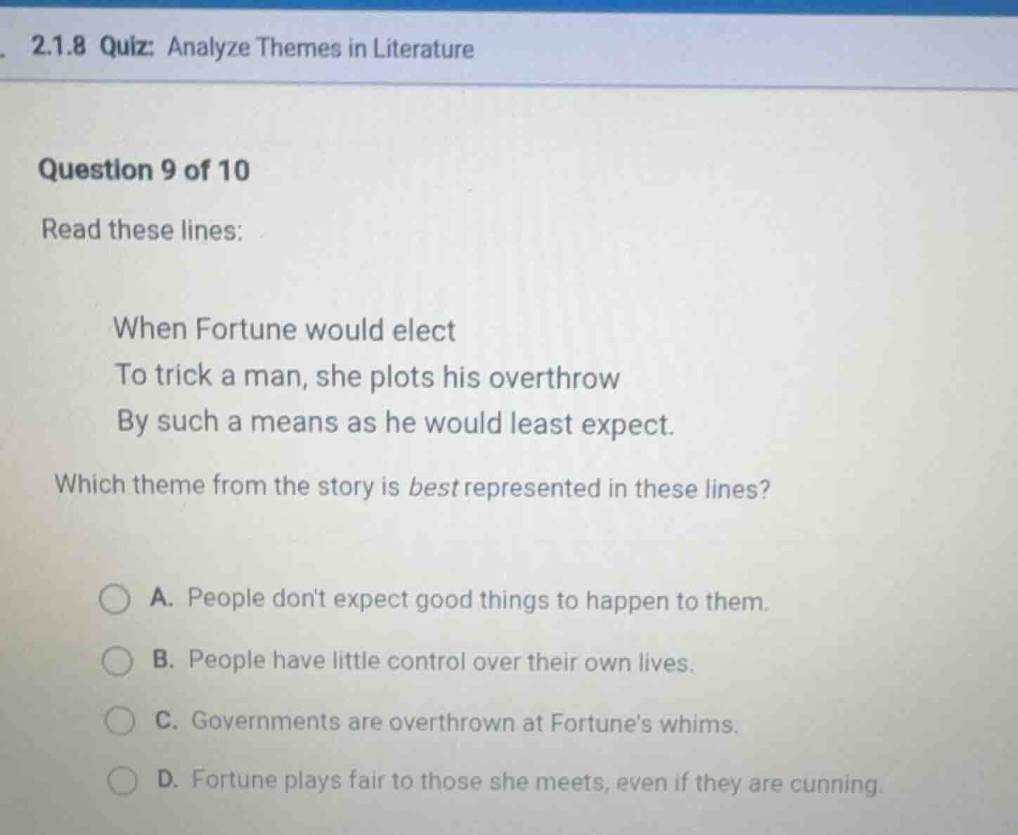 2.1.8 quiz: analyze themes in literature question 9 of 10 read these li…