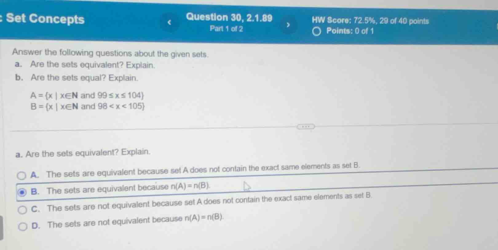 set concepts question 30, 2.1.89 part 1 of 2 hw score: 72.5%, 29 of 40 …