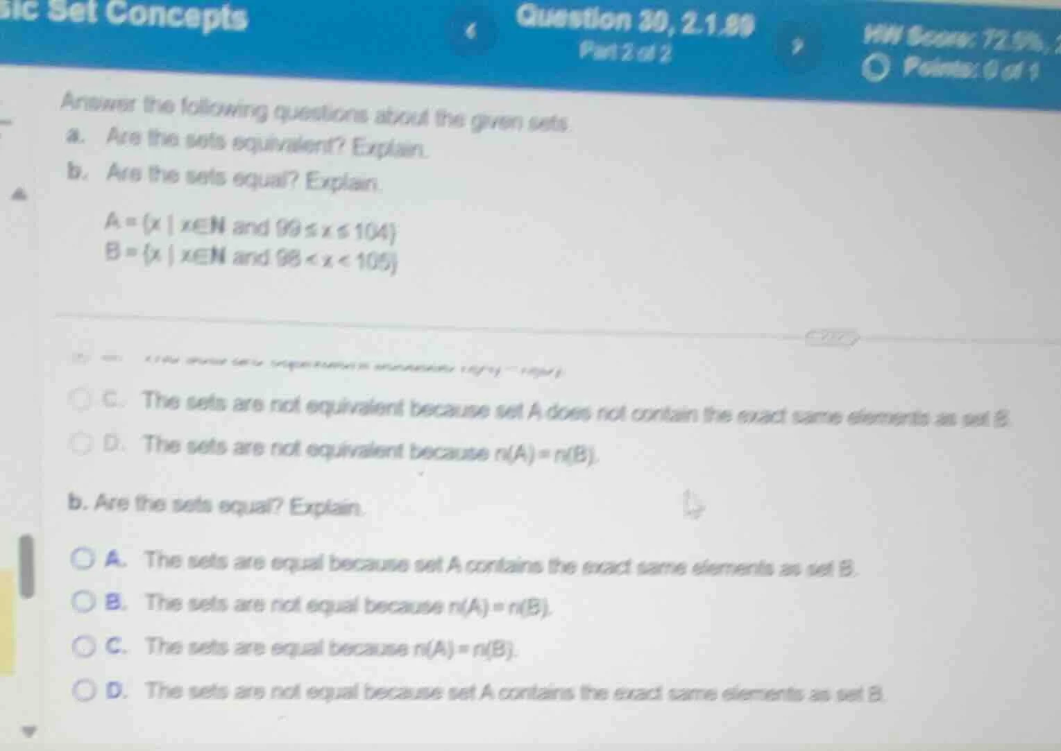 answer the following questions about the given sets. a. are the sets eq…
