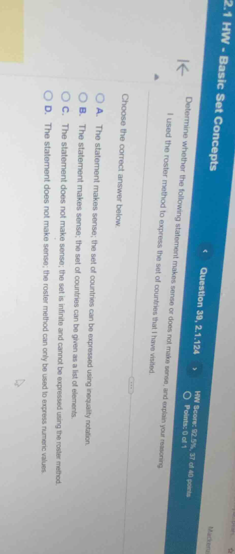 2.1 hw - basic set concepts question 39, 2.1.124 hw score: 92.5%, 37 of…