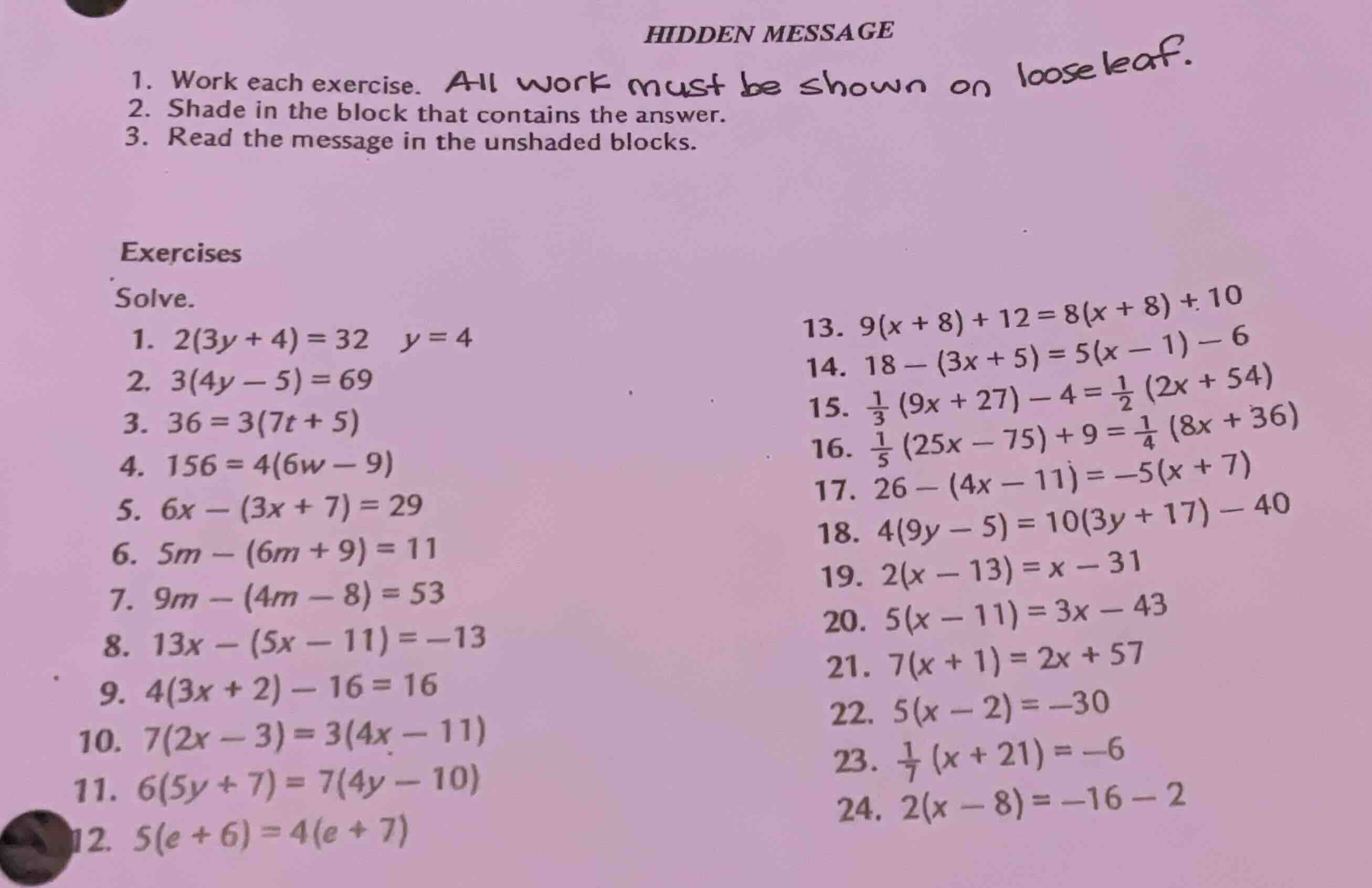 hidden message 1. work each exercise. all work must be shown on loose l…