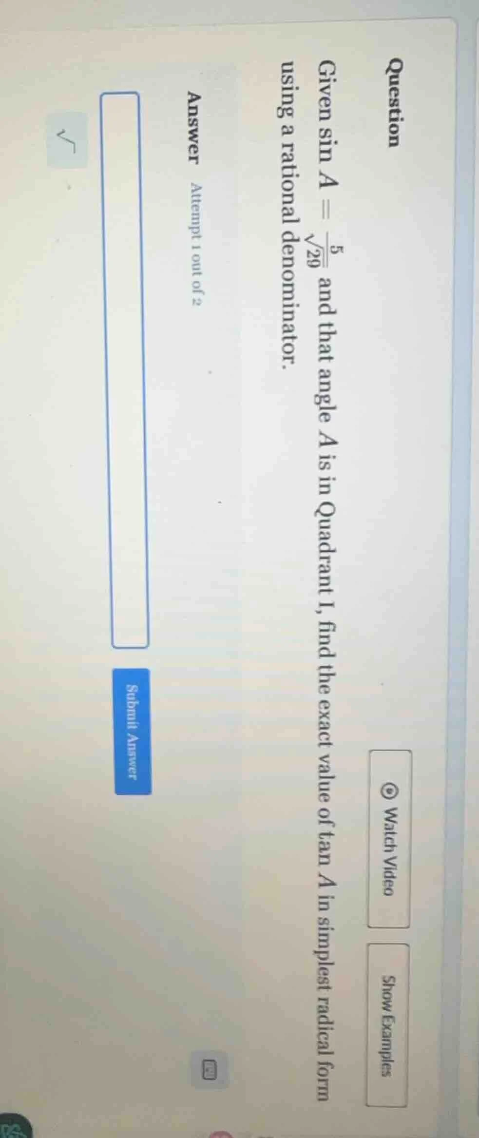 question given \\(\\sin a = \\frac{5}{\\sqrt{29}}\\) and that angle \\(…