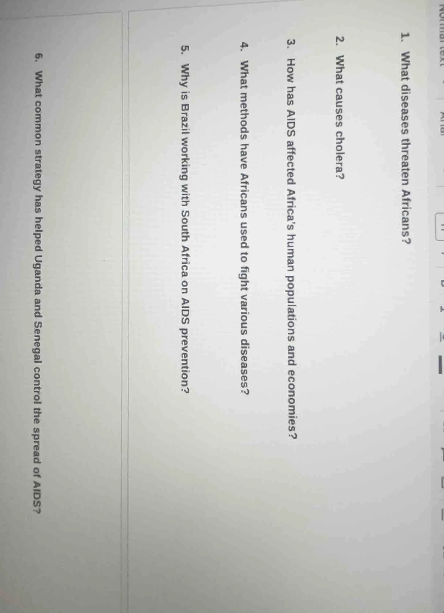 1. what diseases threaten africans? 2. what causes cholera? 3. how has …