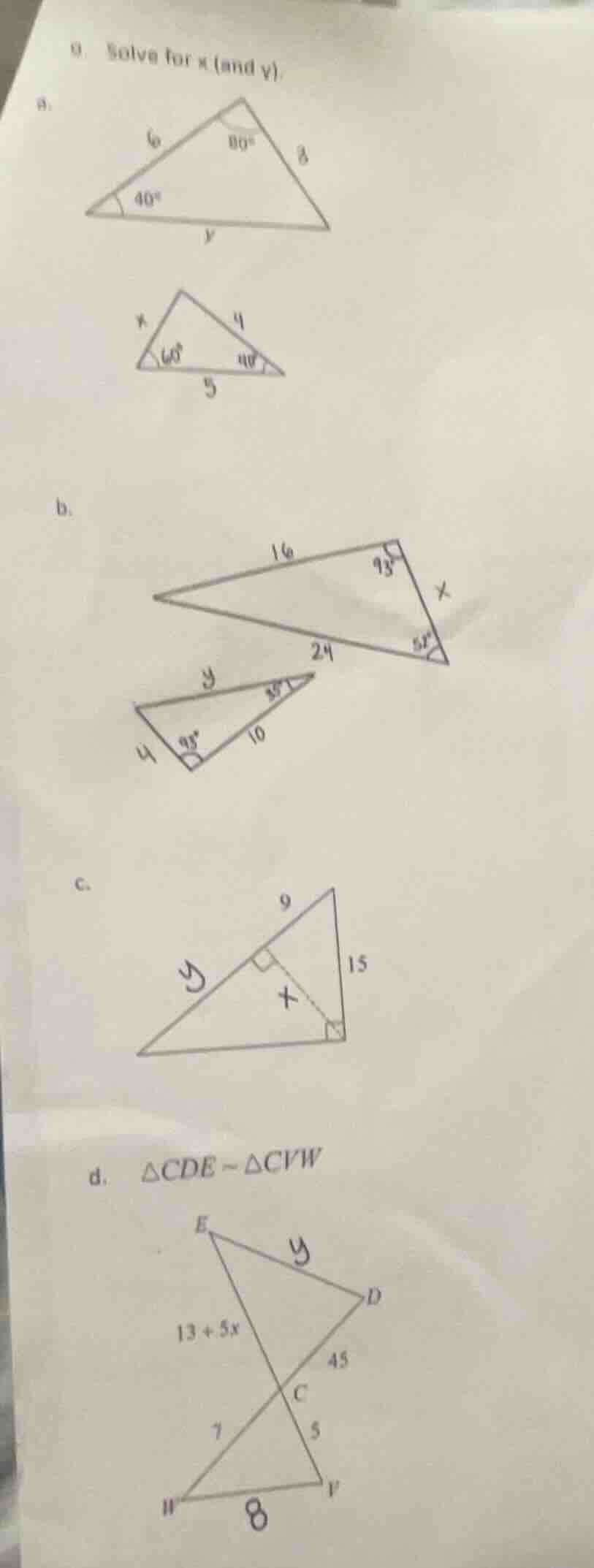 9. solve for x (and y). a. b. c. d. $\\triangle cde \\sim \\triangle cv…