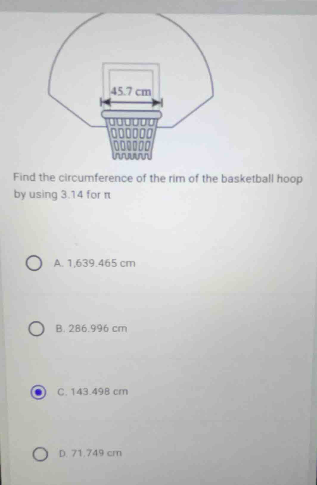find the circumference of the rim of the basketball hoop by using 3.14 …
