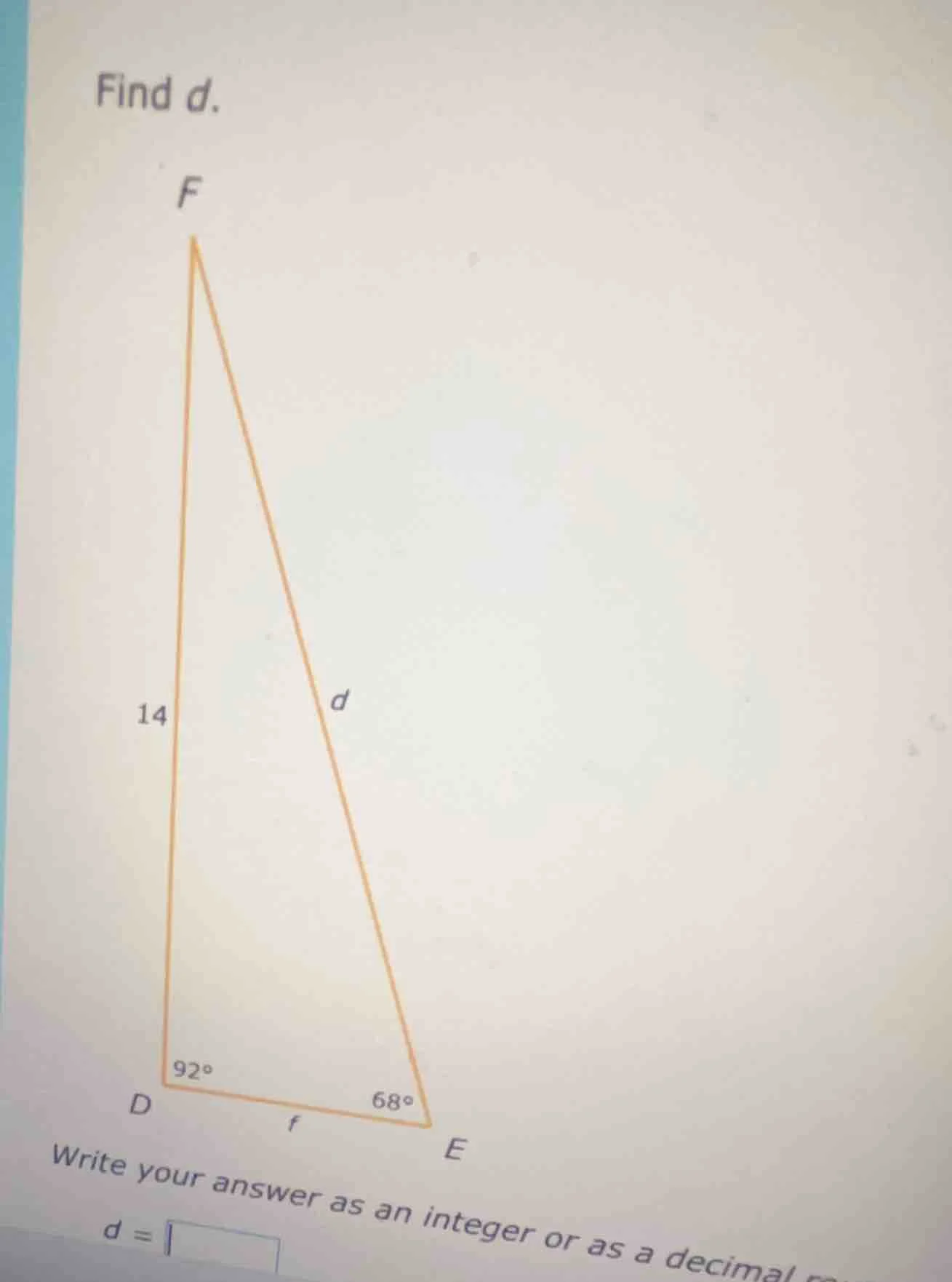 find d. write your answer as an integer or as a decimal d =