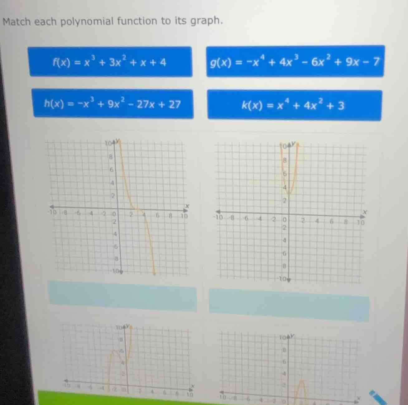 match each polynomial function to its graph. $f(x) = x^3 + 3x^2 + x + 4…