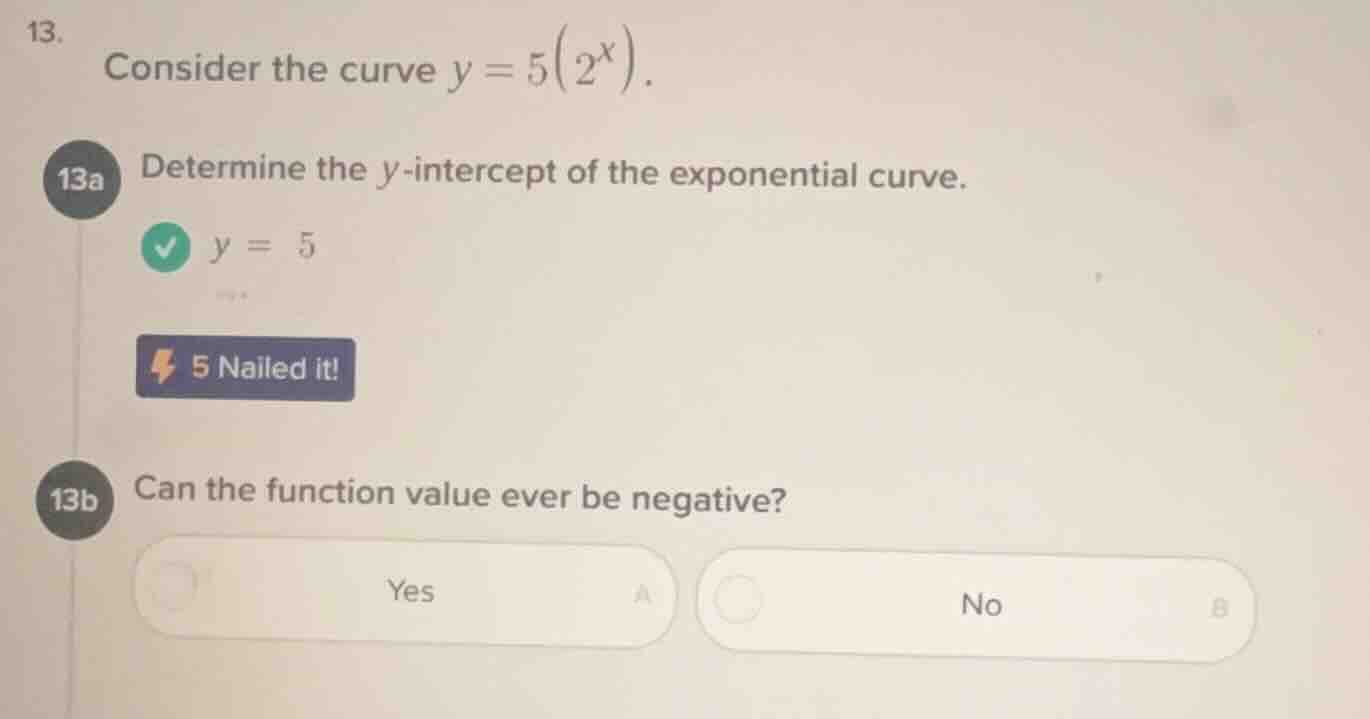 13. consider the curve $y = 5(2^x)$. 13a determine the $y$-intercept of…