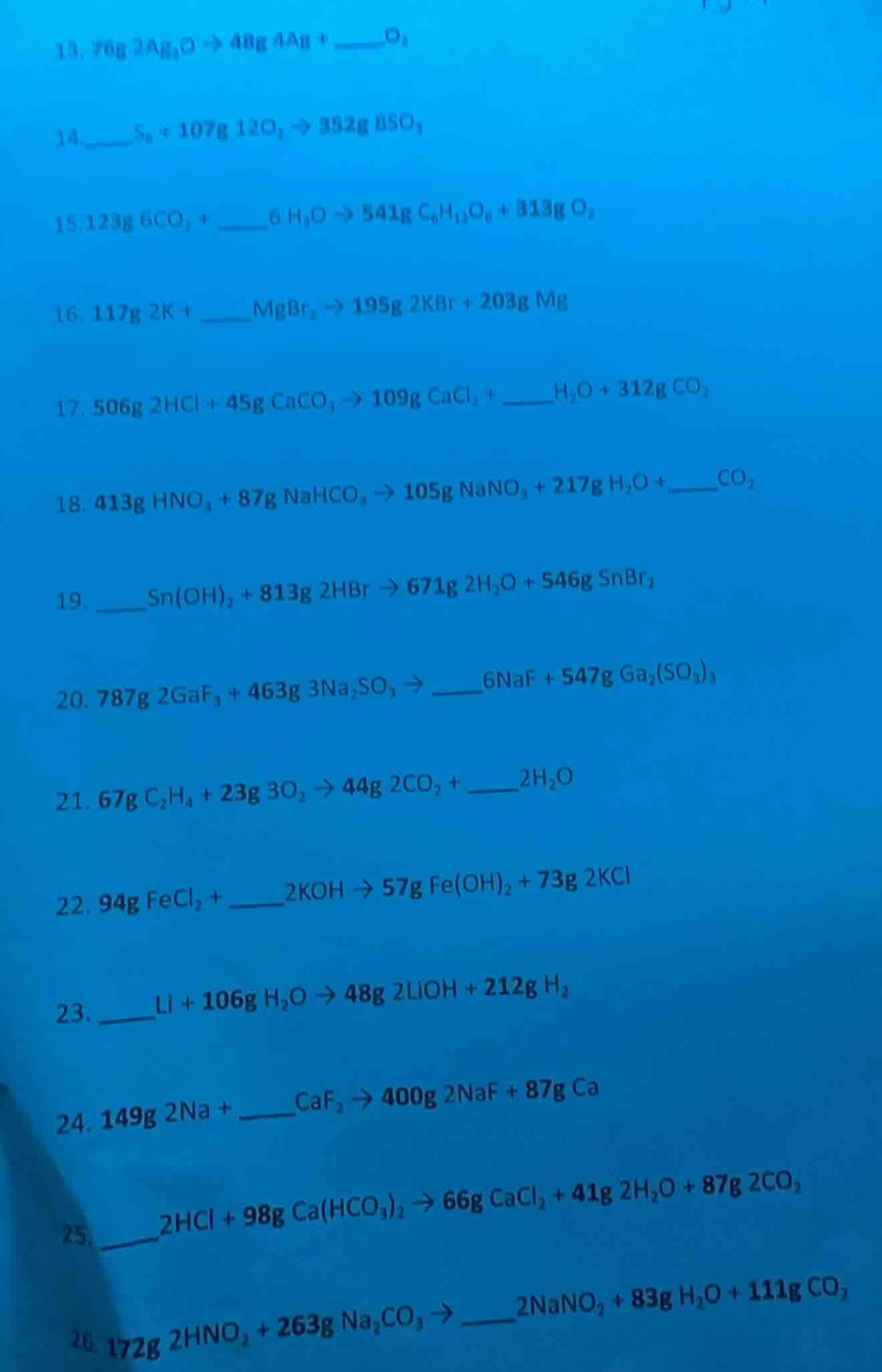 13. 76g 2ag₂o → 48g 4ag + ____o₂ 14. ____s₈ + 107g 12o₂ → 352g 8so₃ 15.…