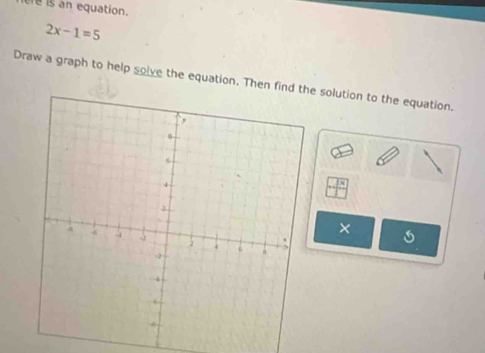 here is an equation. 2x - 1 = 5 draw a graph to help solve the equation…