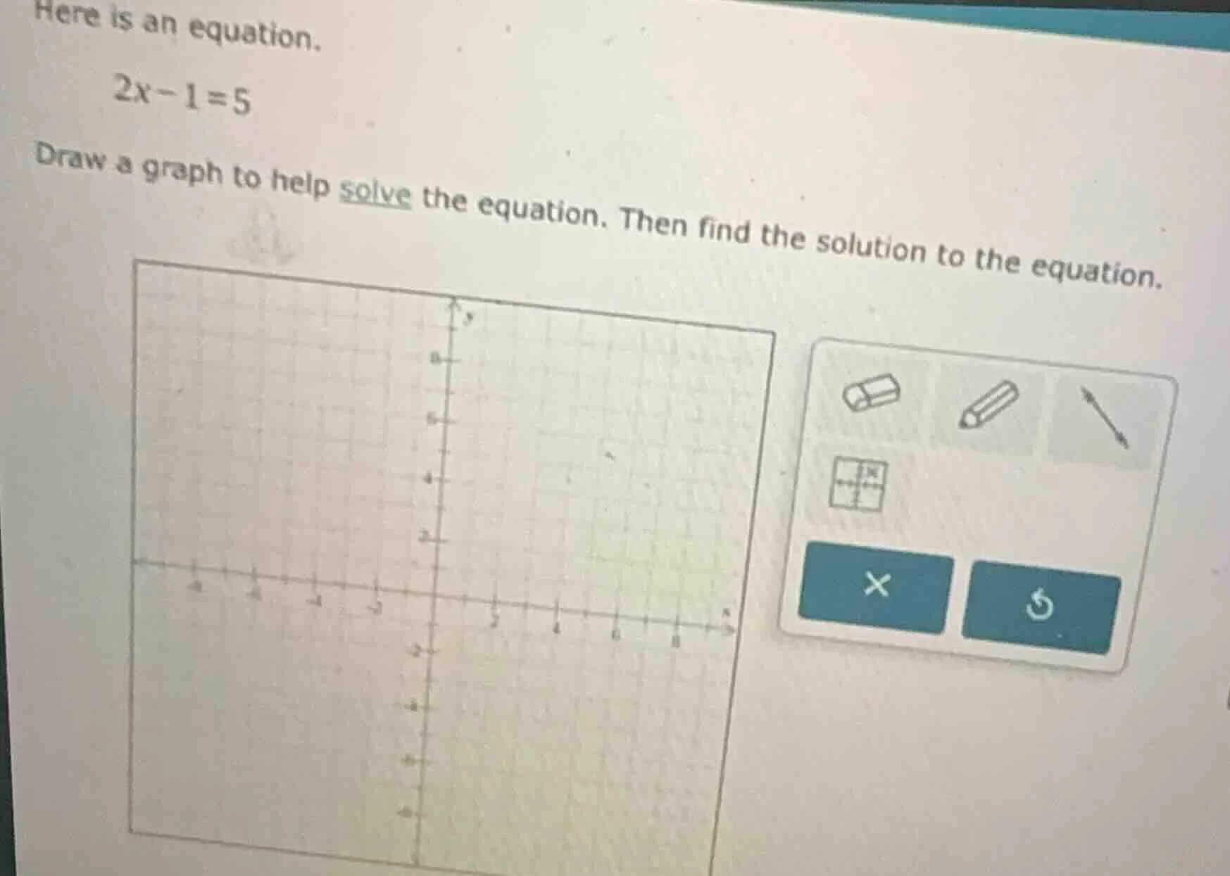 here is an equation. 2x - 1 = 5 draw a graph to help solve the equation…