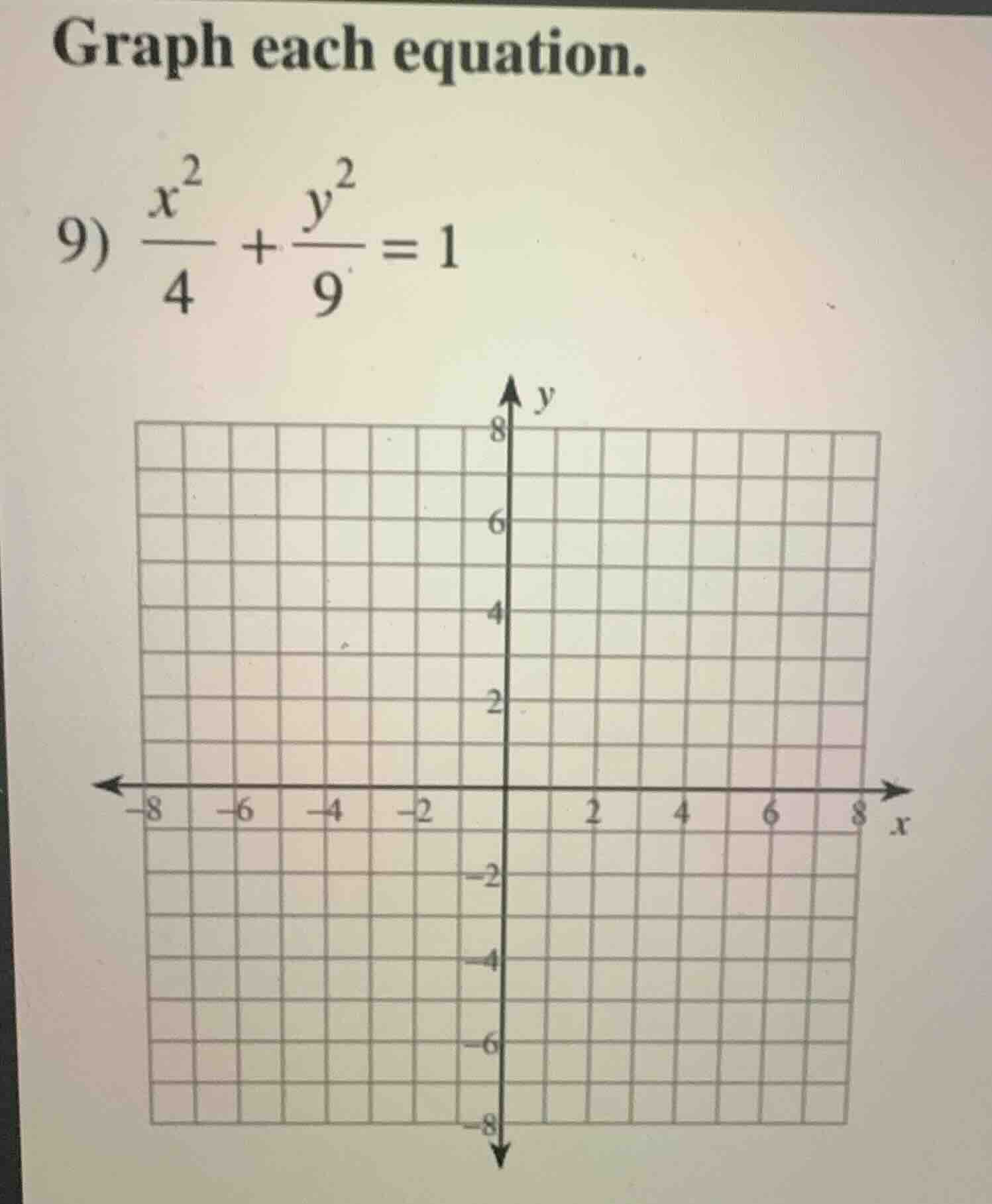 graph each equation. 9) \\(\\frac{x^2}{4} + \\frac{y^2}{9} = 1\\)