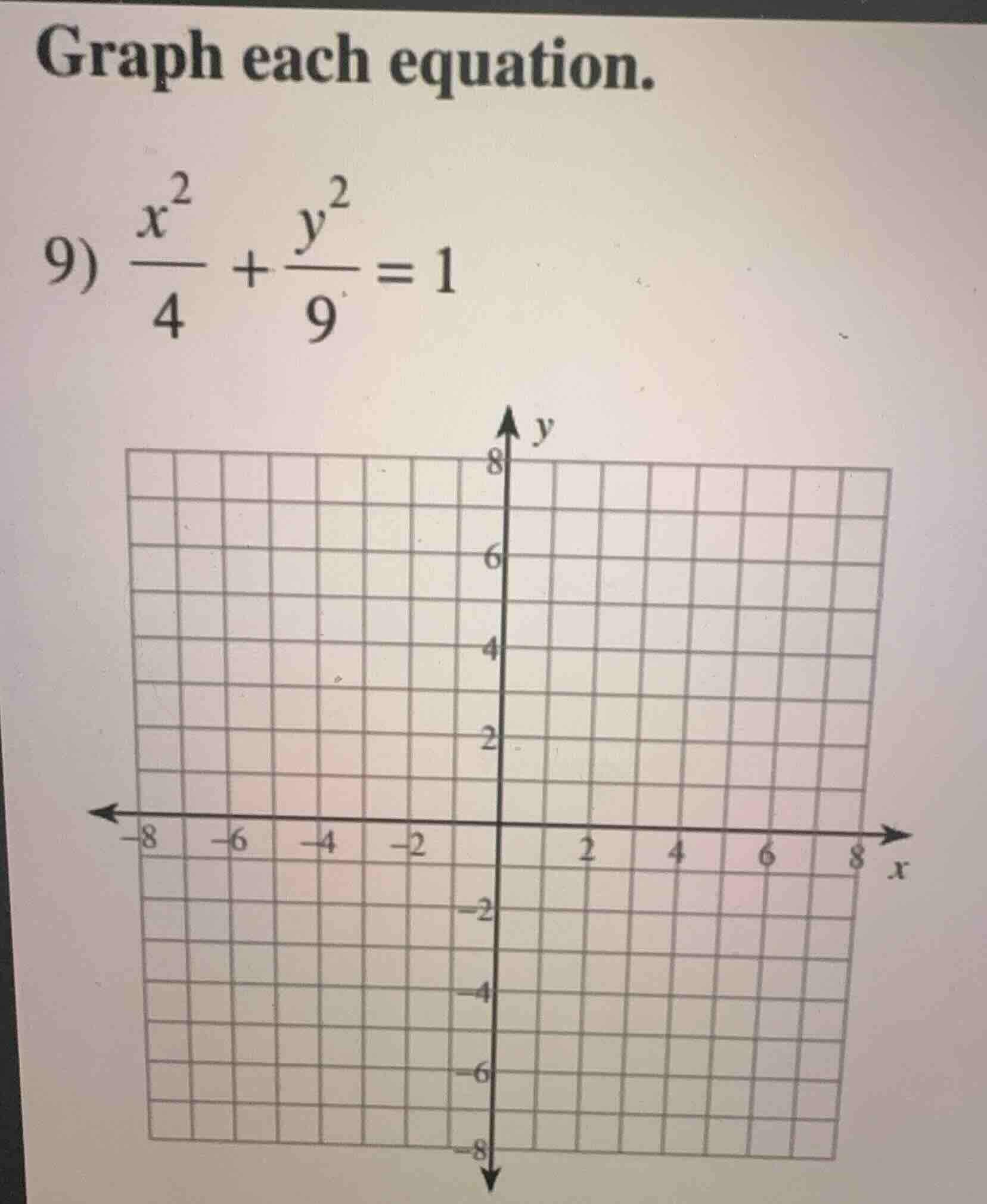 graph each equation. 9) \\(\\frac{x^2}{4} + \\frac{y^2}{9} = 1\\)