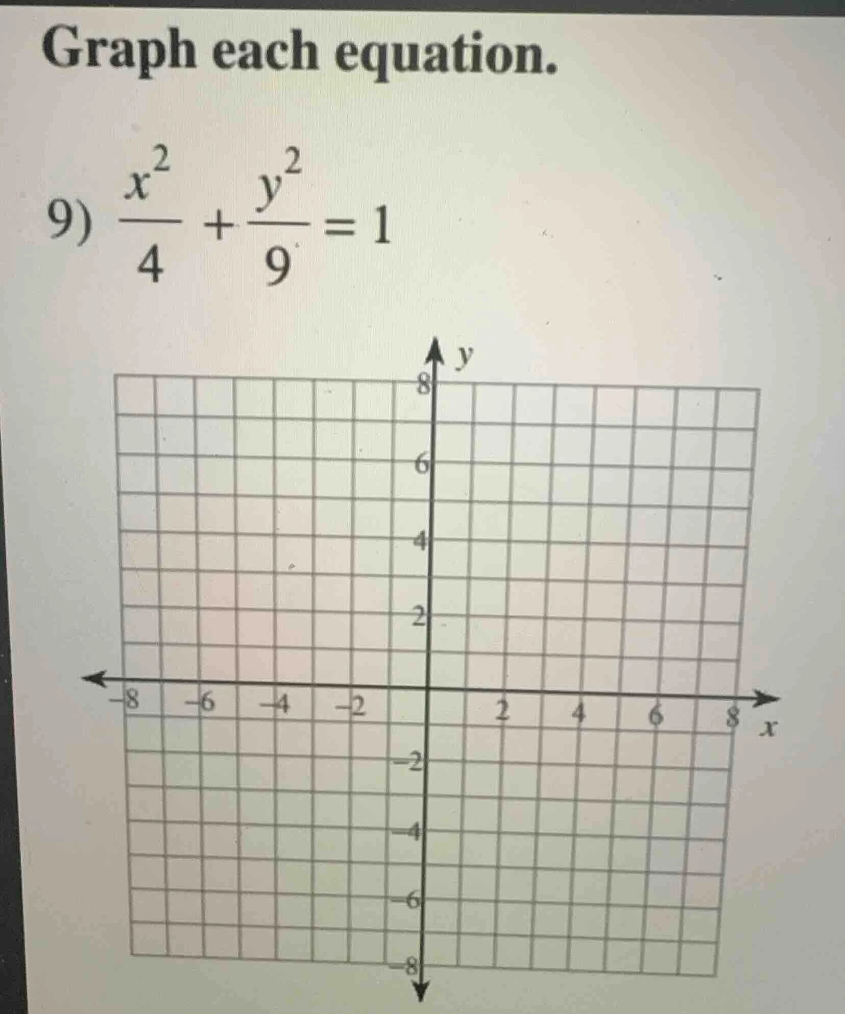 graph each equation. 9) \\(\\frac{x^2}{4} + \\frac{y^2}{9} = 1\\)