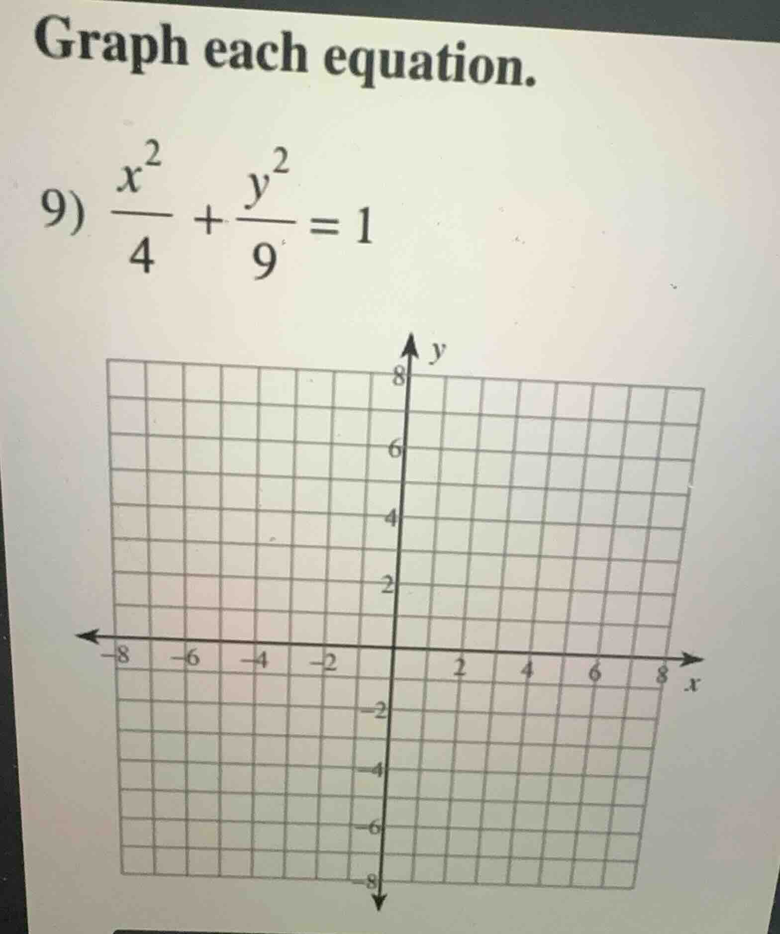 graph each equation. 9) \\(\\frac{x^2}{4} + \\frac{y^2}{9} = 1\\)