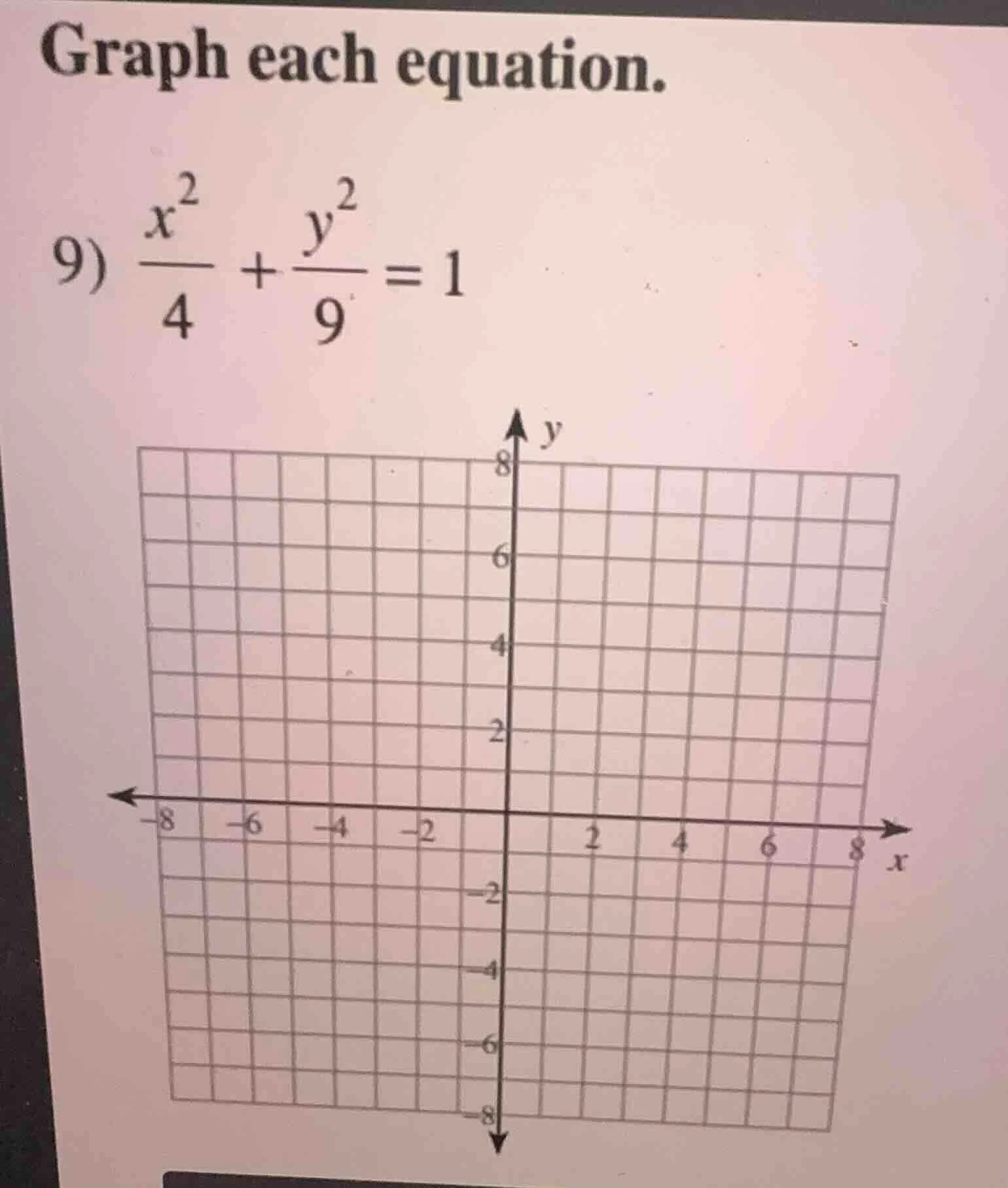 graph each equation. 9) \\(\\frac{x^2}{4} + \\frac{y^2}{9} = 1\\)