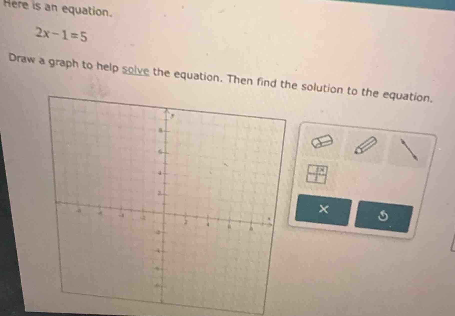 here is an equation. 2x - 1 = 5 draw a graph to help solve the equation…