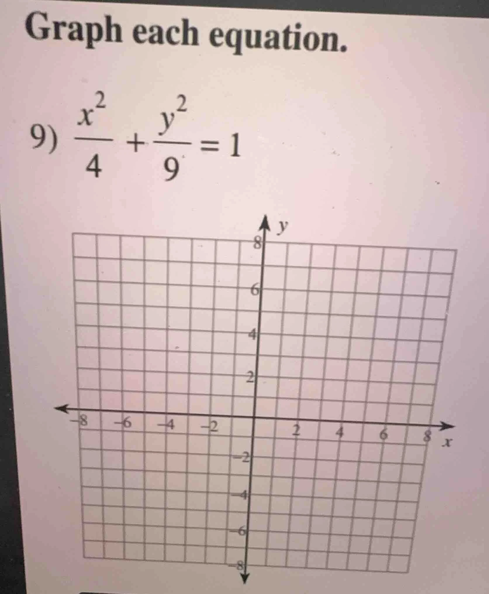 graph each equation. 9) \\(\\frac{x^2}{4} + \\frac{y^2}{9} = 1\\)