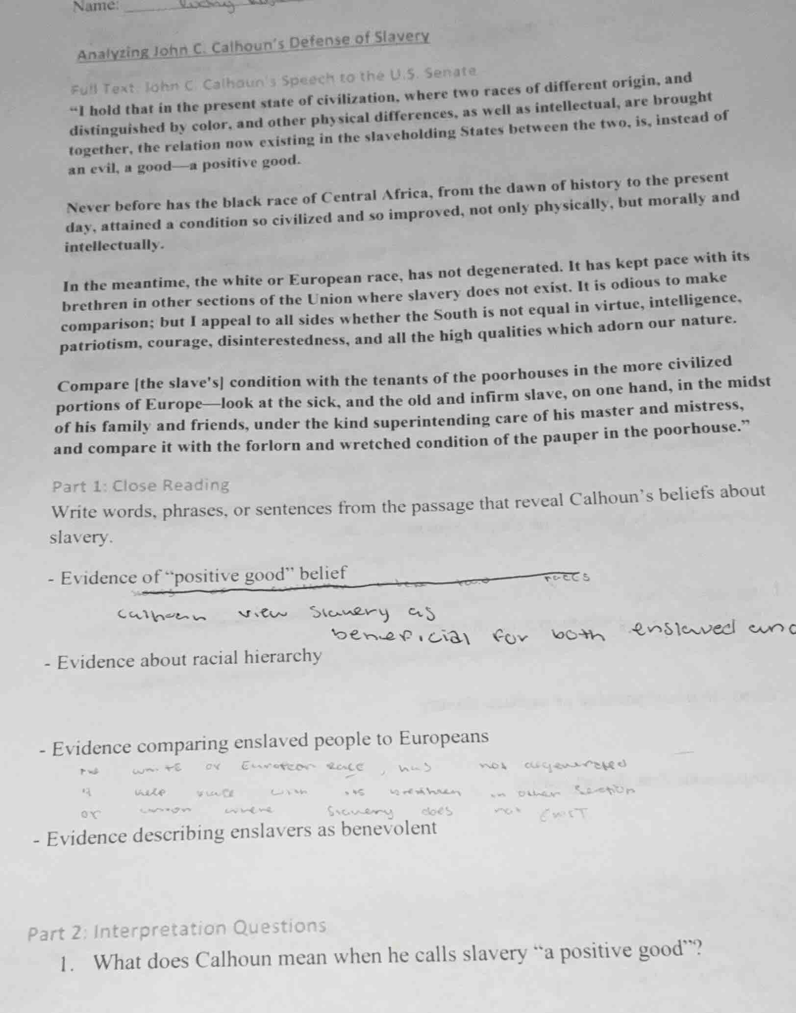 name: analyzing john c. calhoun’s defense of slavery full text: john c.…