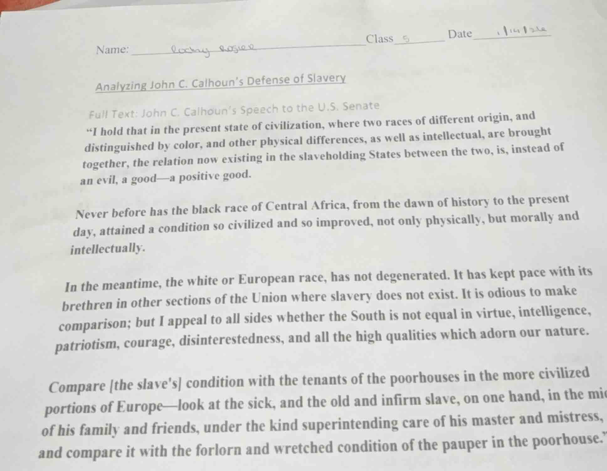 name: ______ class ______ date ______ analyzing john c. calhoun’s defen…