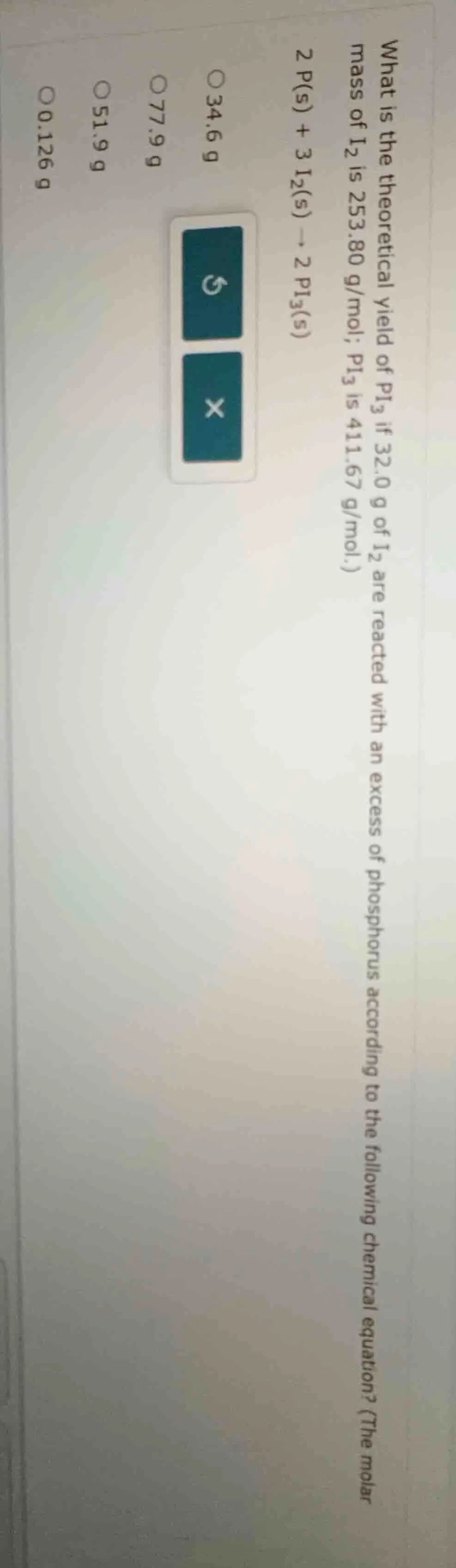 what is the theoretical yield of pi₃ if 32.0 g of i₂ are reacted with a…
