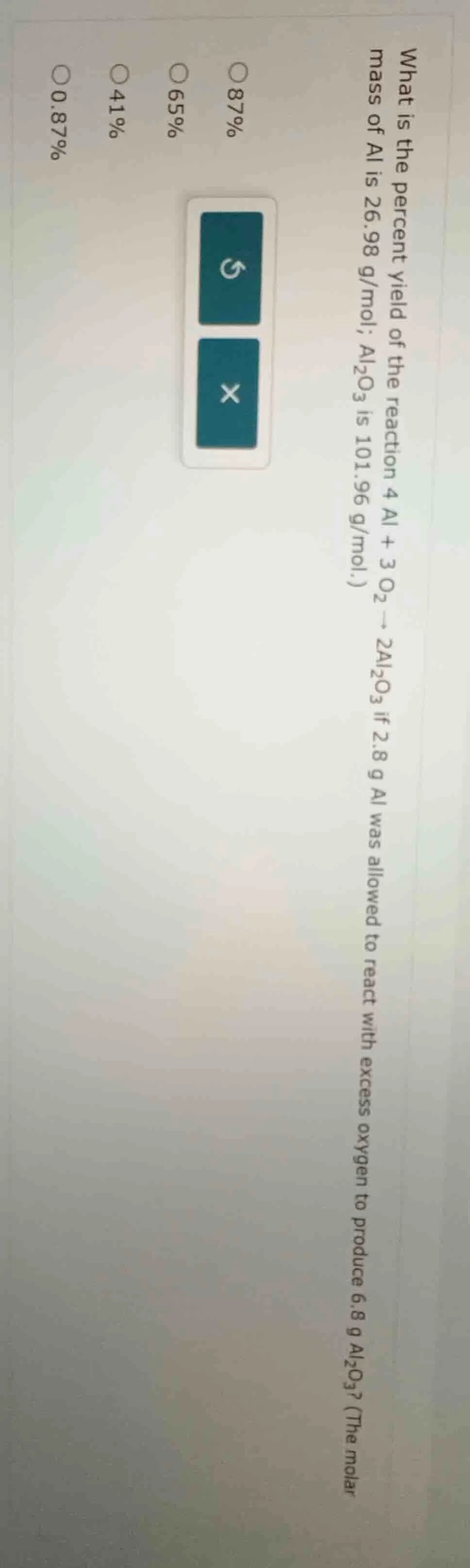 what is the percent yield of the reaction 4 al + 3 o₂ → 2al₂o₃ if 2.8 g…