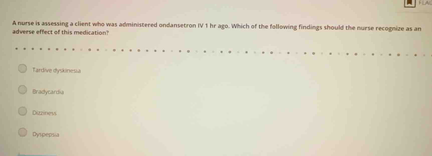 a nurse is assessing a client who was administered ondansetron iv 1 hr …