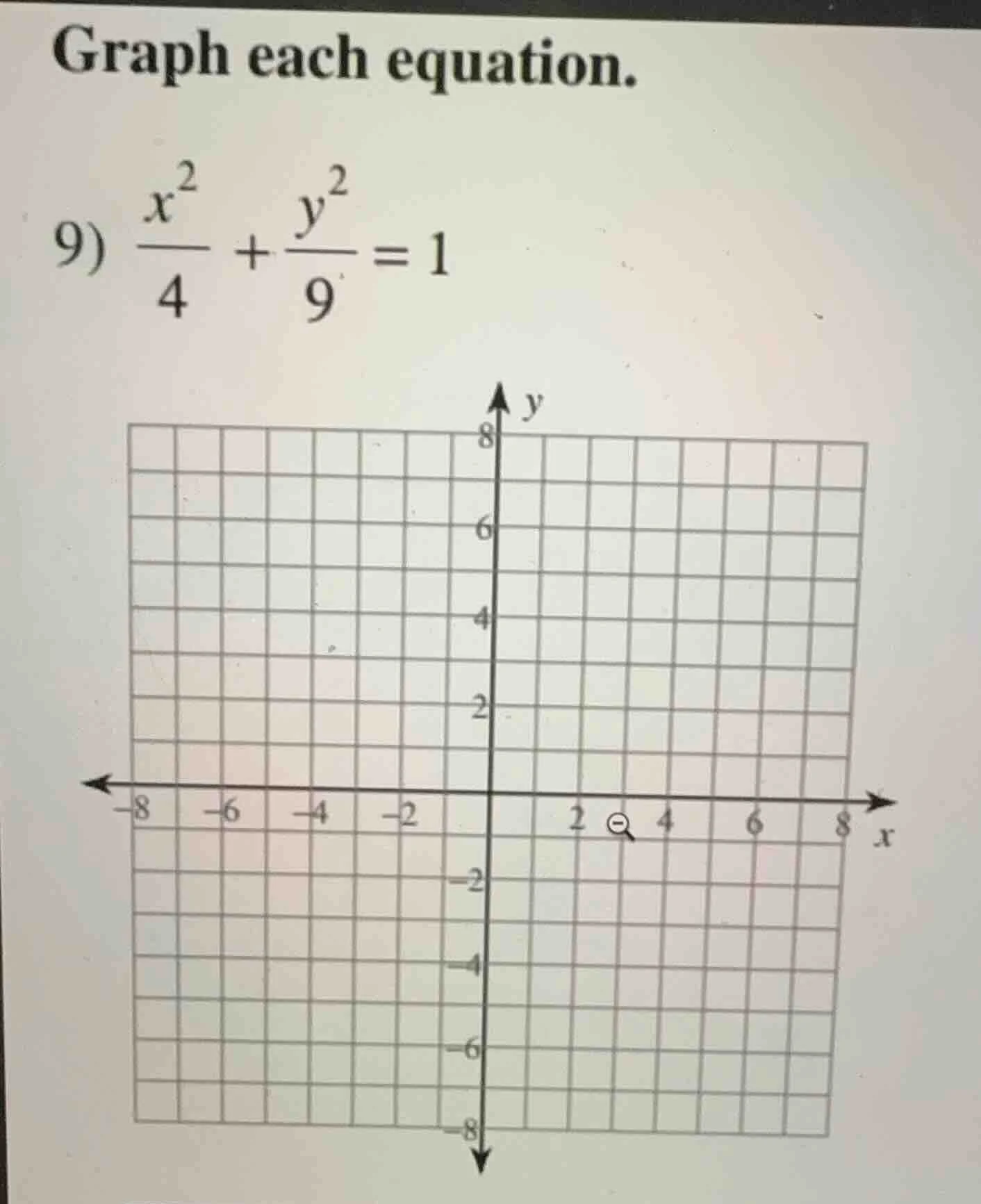 graph each equation. 9) \\(\\frac{x^2}{4} + \\frac{y^2}{9} = 1\\)