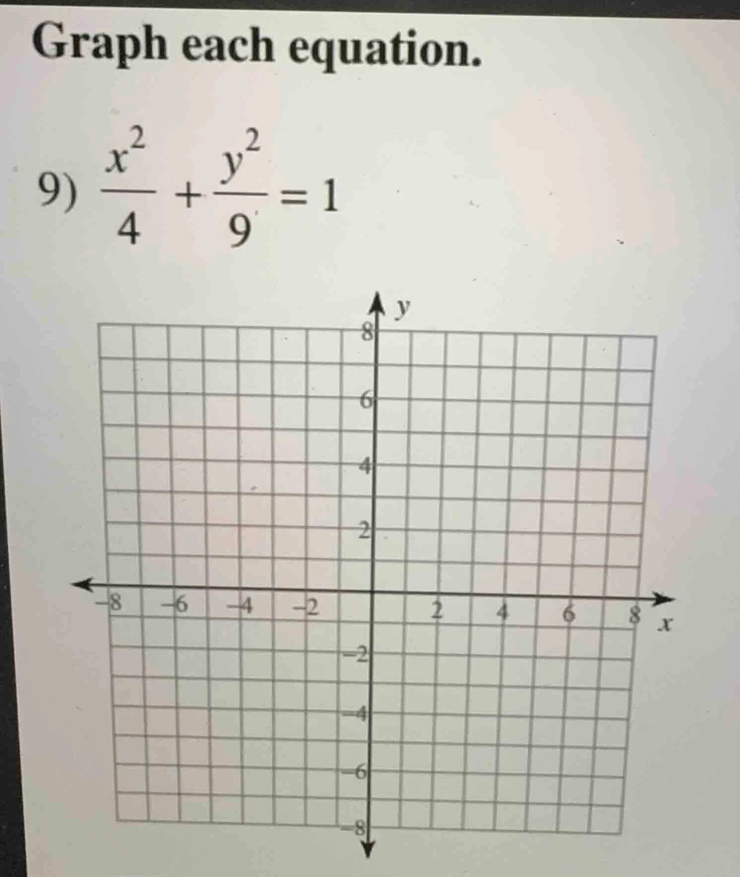 graph each equation. 9) \\(\\frac{x^2}{4} + \\frac{y^2}{9} = 1\\)