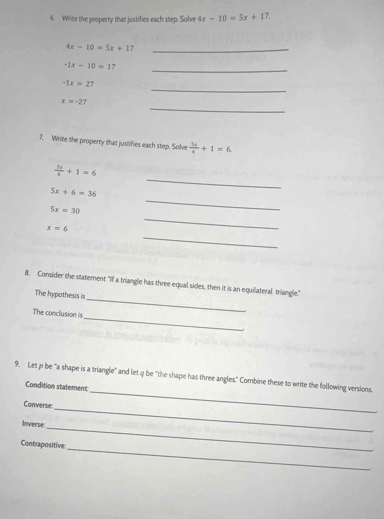6. write the property that justifies each step. solve $4x - 10 = 5x + 1…