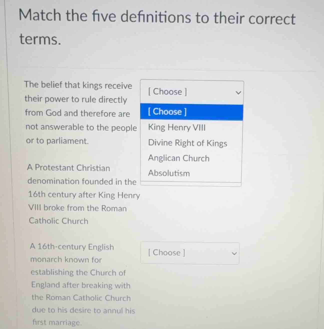 match the five definitions to their correct terms. the belief that king…