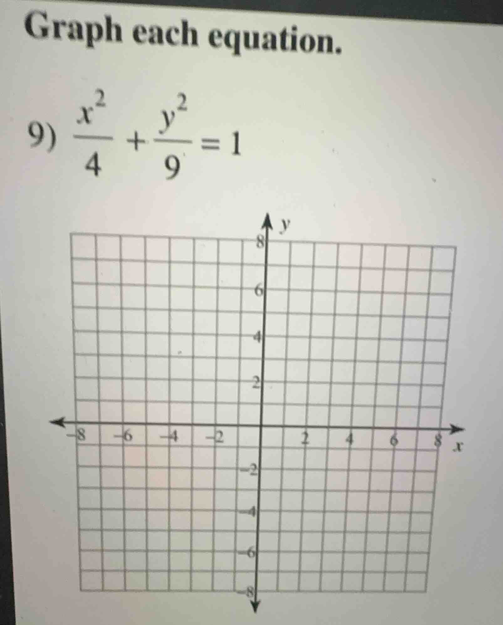 graph each equation. 9) \\(\\frac{x^2}{4} + \\frac{y^2}{9} = 1\\)