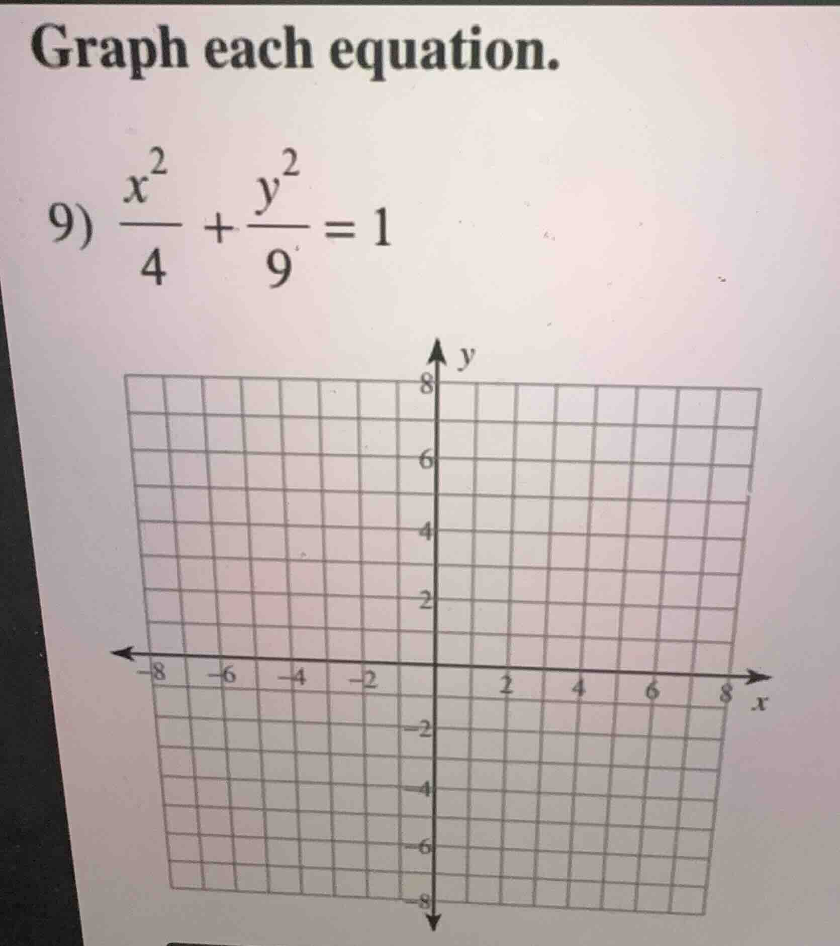 graph each equation. 9) \\(\\frac{x^2}{4} + \\frac{y^2}{9} = 1\\)